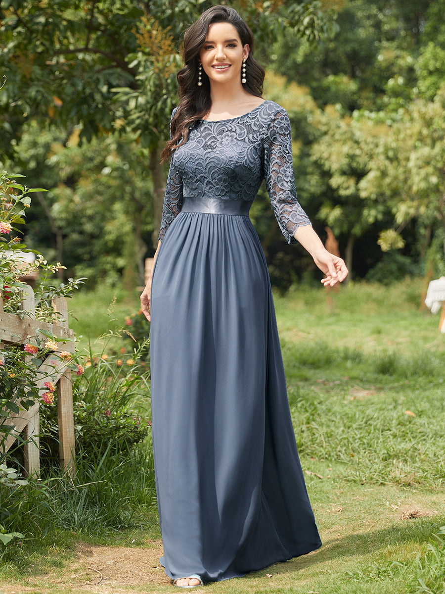 COLOR=Dusty Blue | See-Through Floor Length Lace Evening Dress With Half Sleeve-Dusty Blue 4