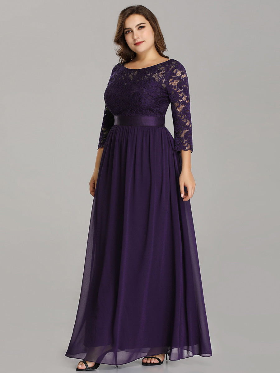 COLOR=Dark Purple | See-Through Floor Length Lace Evening Dress With Half Sleeve-Dark Purple 3