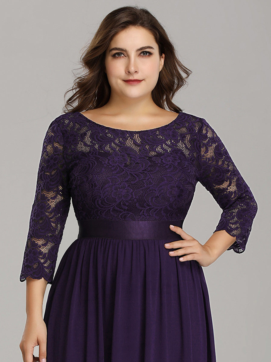 COLOR=Dark Purple | See-Through Floor Length Lace Evening Dress With Half Sleeve-Dark Purple 5