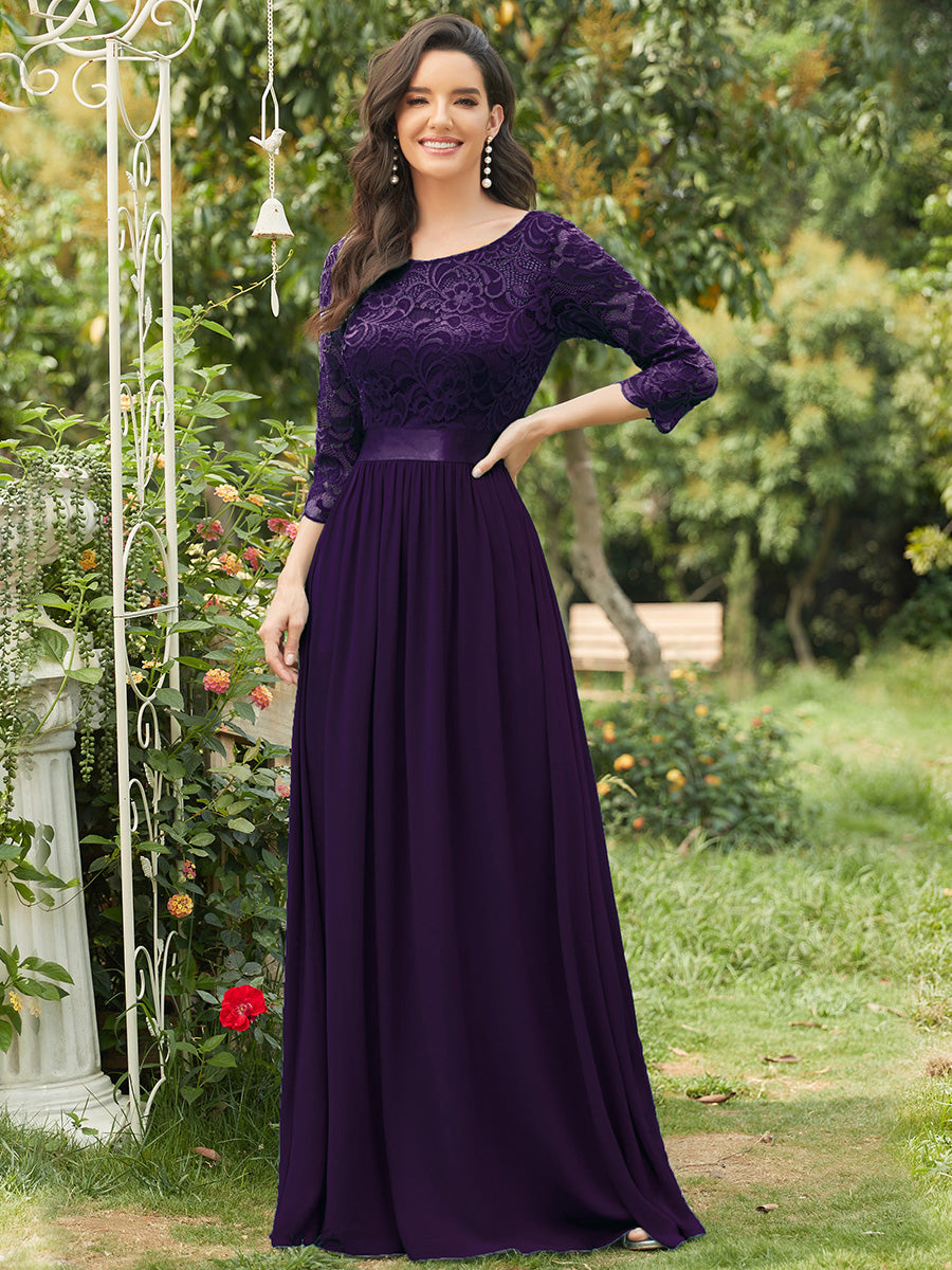 COLOR=Dark Purple | See-Through Floor Length Lace Evening Dress With Half Sleeve-Dark Purple 1