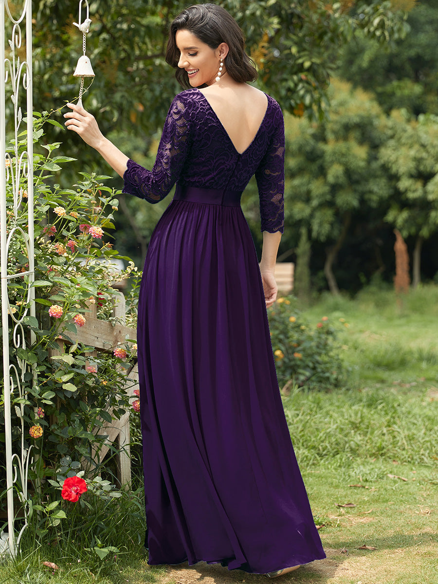 COLOR=Dark Purple | See-Through Floor Length Lace Evening Dress With Half Sleeve-Dark Purple 2