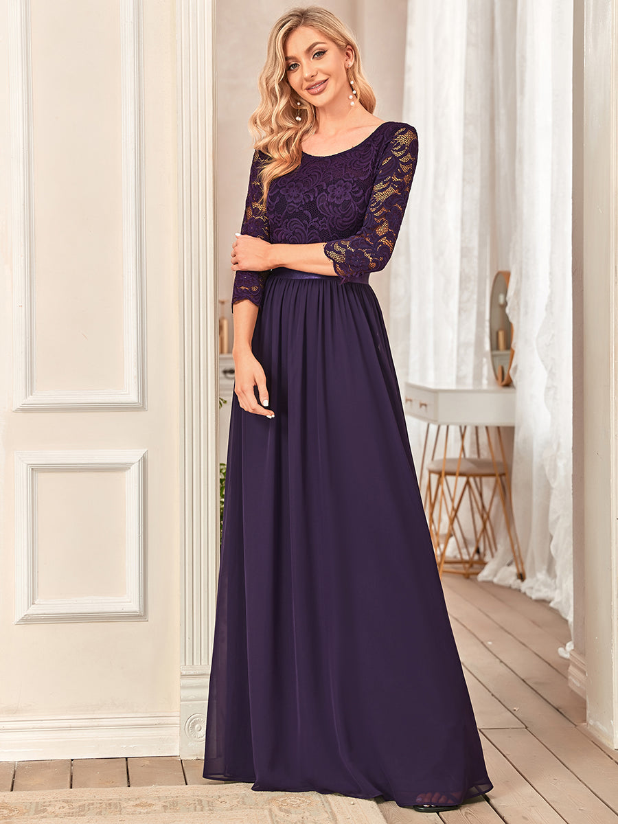 COLOR=Dark Purple | See-Through Floor Length Lace Evening Dress With Half Sleeve-Dark Purple 13