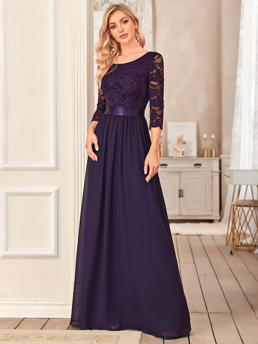 COLOR=Dark Purple | See-Through Floor Length Lace Evening Dress With Half Sleeve-Dark Purple 10