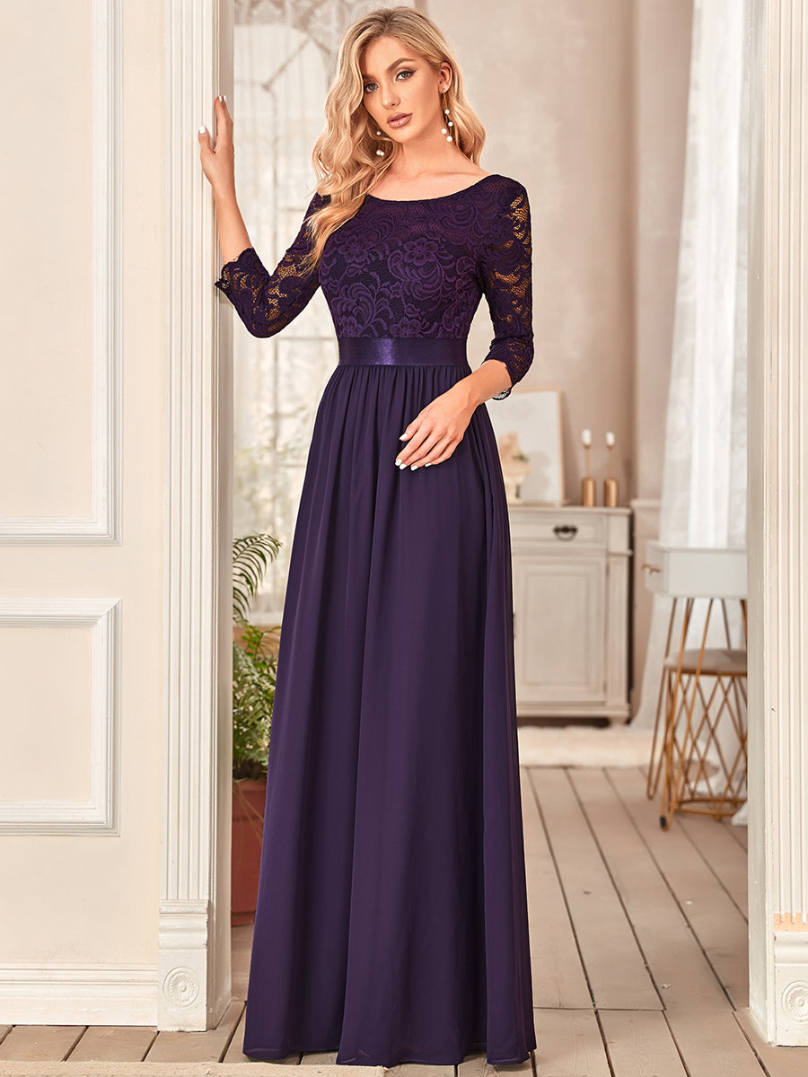 COLOR=Dark Purple | See-Through Floor Length Lace Evening Dress With Half Sleeve-Dark Purple 12