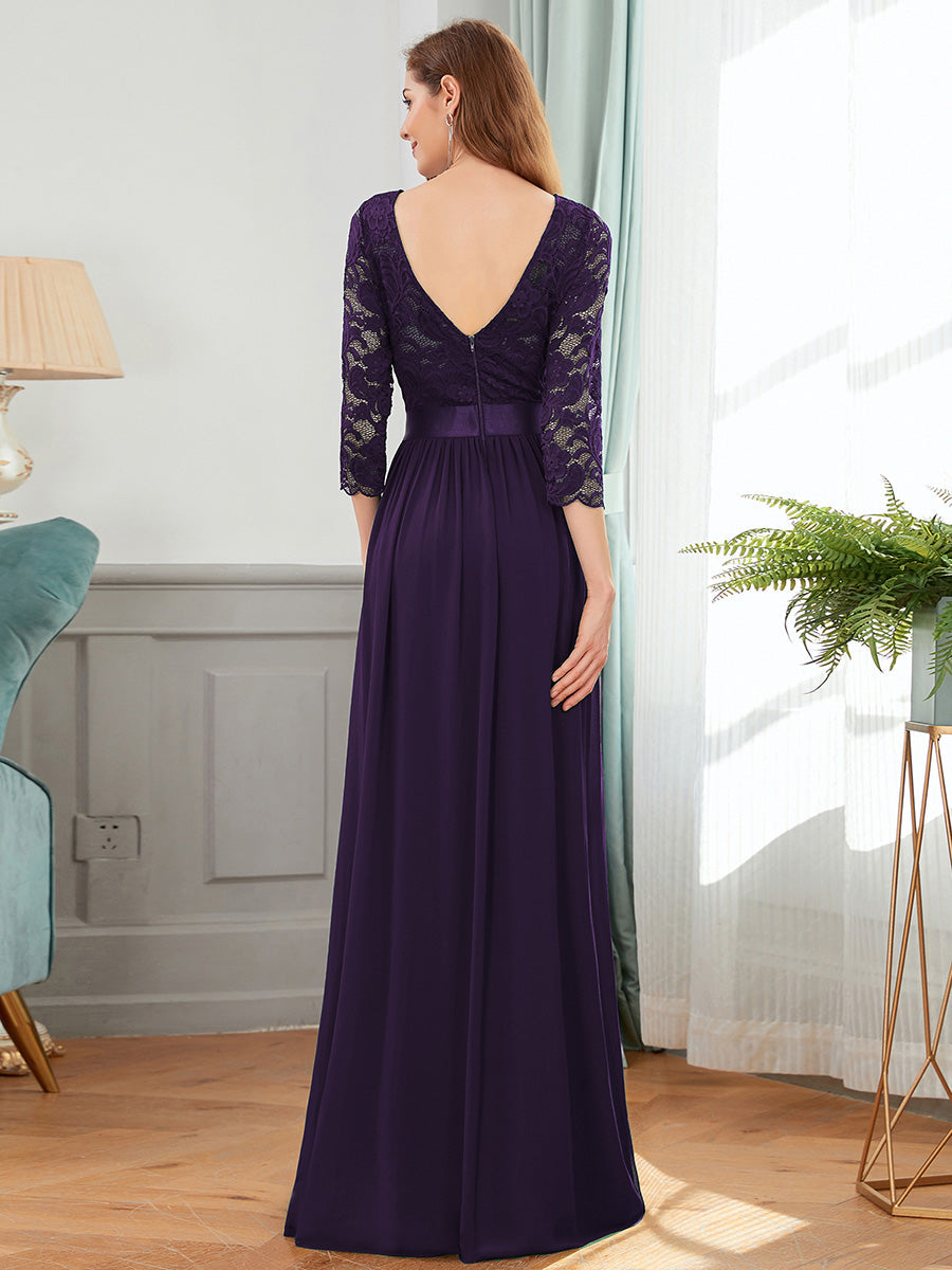 COLOR=Dark Purple | See-Through Floor Length Lace Evening Dress With Half Sleeve-Dark Purple 6