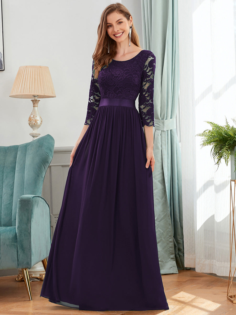 COLOR=Dark Purple | See-Through Floor Length Lace Evening Dress With Half Sleeve-Dark Purple 5
