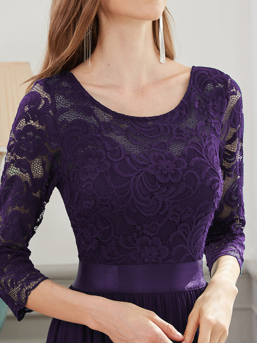 COLOR=Dark Purple | See-Through Floor Length Lace Evening Dress With Half Sleeve-Dark Purple 7