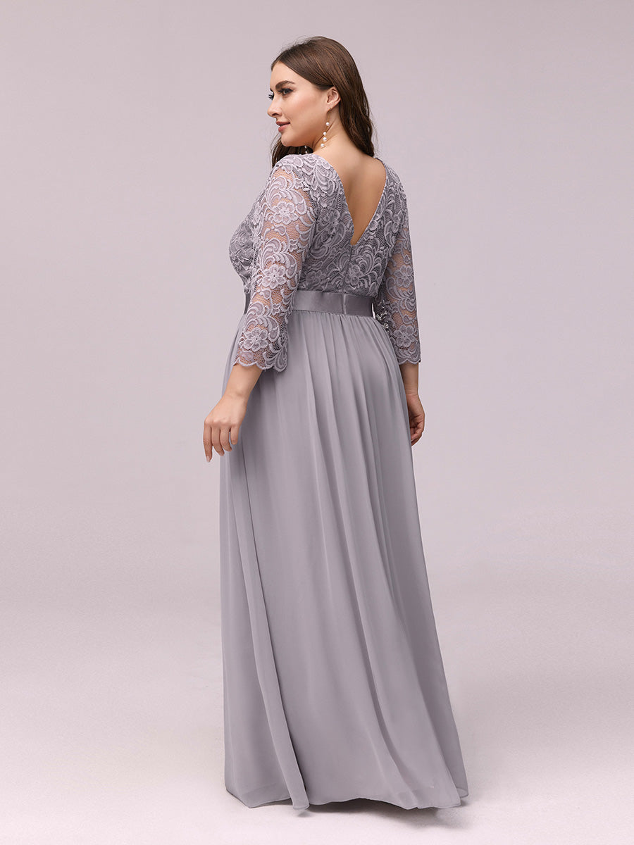 Color=Grey | Plus Size Lace Wholesale Bridesmaid Dresses With Long Lace Sleeve-Grey 2