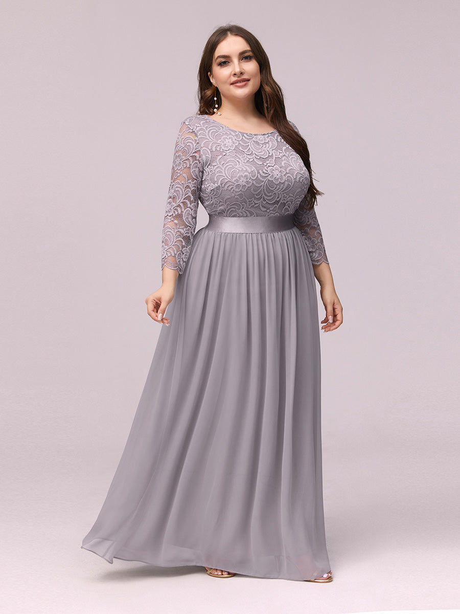 Color=Grey | Plus Size Lace Wholesale Bridesmaid Dresses With Long Lace Sleeve-Grey 3