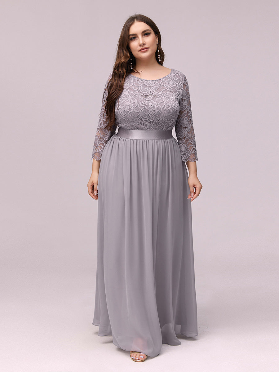 Color=Grey | Plus Size Lace Wholesale Bridesmaid Dresses With Long Lace Sleeve-Grey 4
