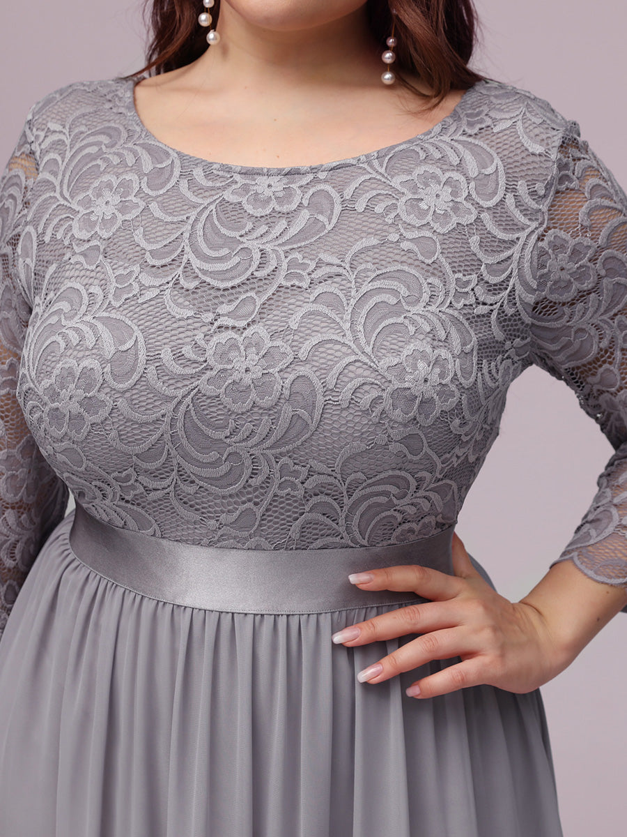 Color=Grey | Plus Size Lace Wholesale Bridesmaid Dresses With Long Lace Sleeve-Grey 5
