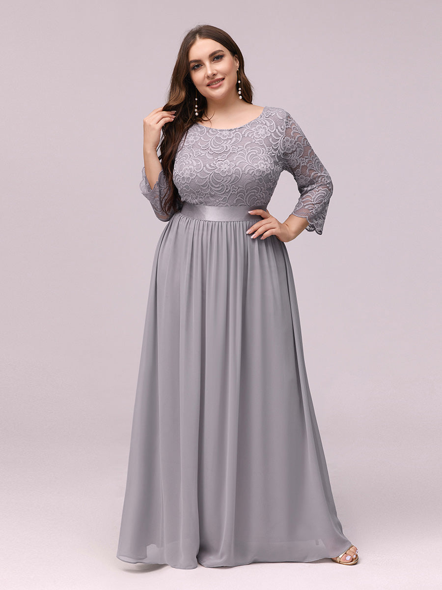 Color=Grey | Plus Size Lace Wholesale Bridesmaid Dresses With Long Lace Sleeve-Grey 1