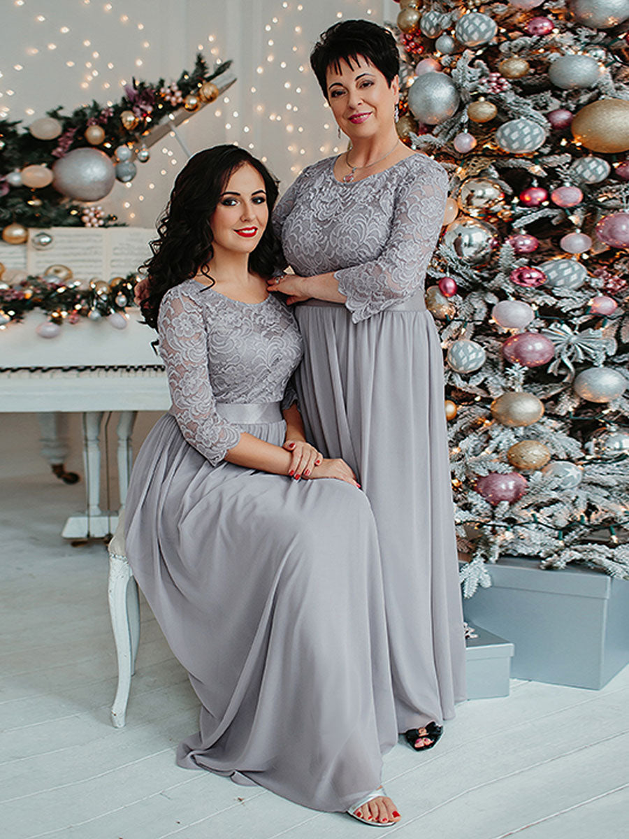 Color=Grey | Plus Size Lace Wholesale Bridesmaid Dresses With Long Lace Sleeve-Grey 6