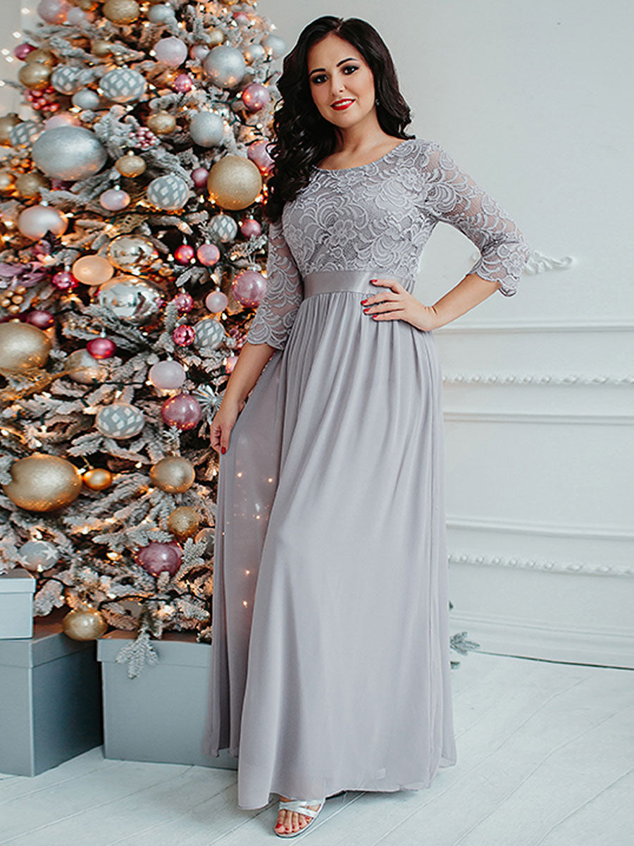 Color=Grey | Plus Size Lace Wholesale Bridesmaid Dresses With Long Lace Sleeve-Grey 8