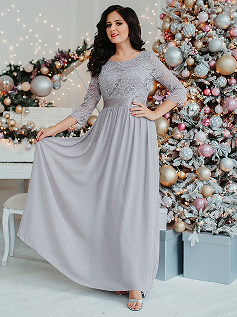 Color=Grey | Plus Size Lace Wholesale Bridesmaid Dresses With Long Lace Sleeve-Grey 9