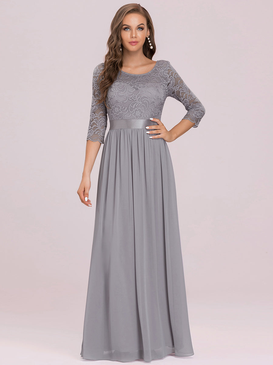 Color=Grey | Plus Size Lace Wholesale Bridesmaid Dresses With Long Lace Sleeve-Grey 6