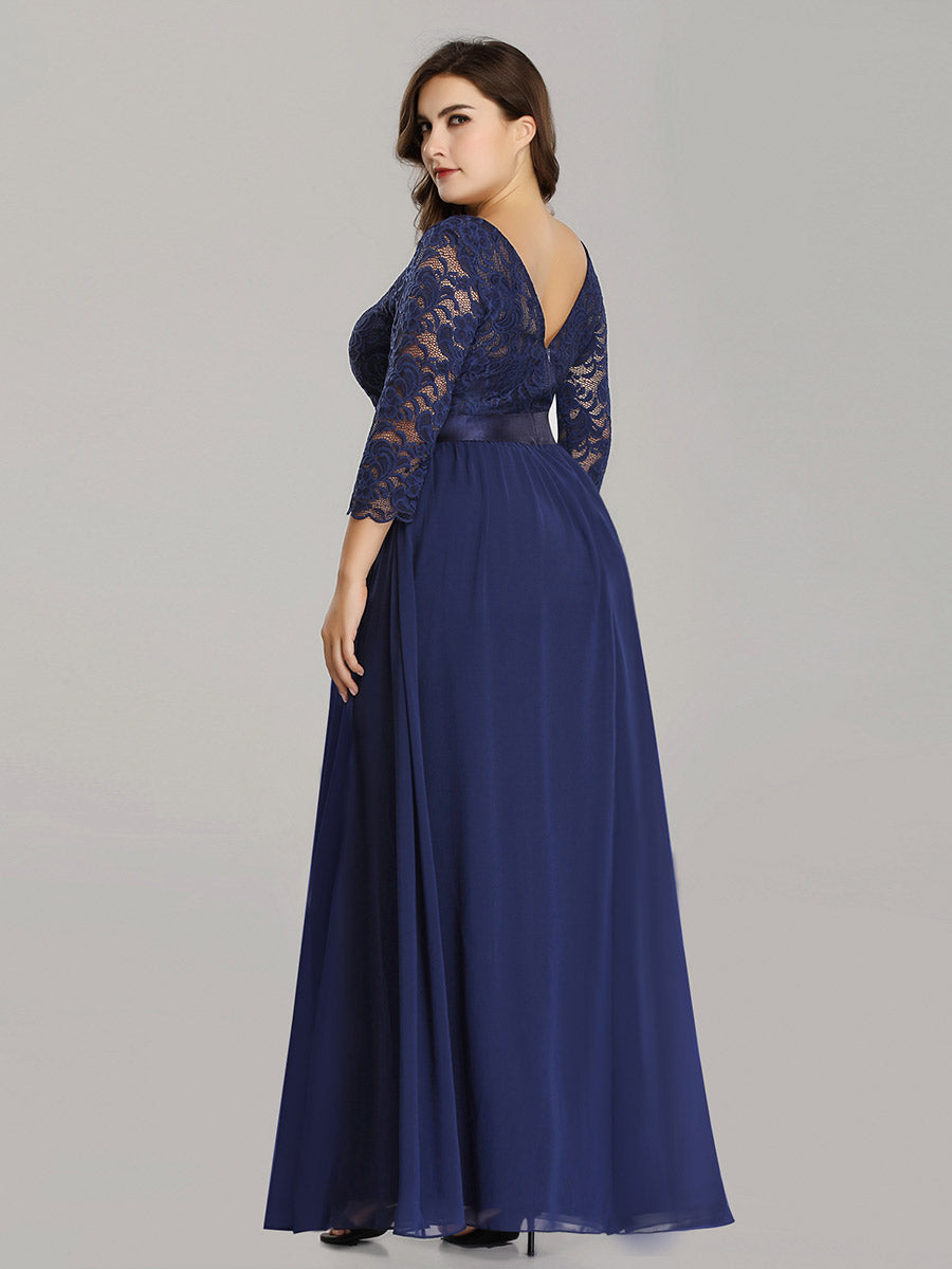 Color=Navy Blue | Plus Size Lace Wholesale Bridesmaid Dresses With Long Lace Sleeve-Navy Blue 3