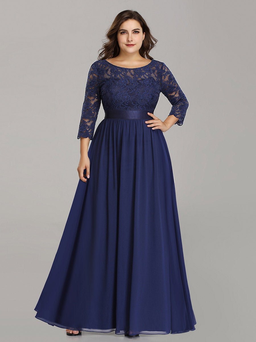 Color=Navy Blue | Plus Size Lace Wholesale Bridesmaid Dresses With Long Lace Sleeve-Navy Blue 4