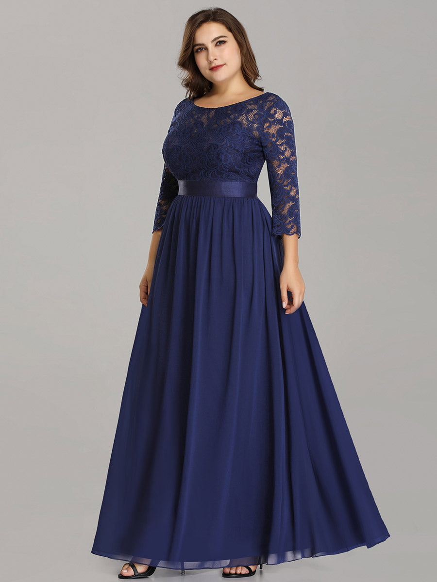 Color=Navy Blue | Plus Size Lace Wholesale Bridesmaid Dresses With Long Lace Sleeve-Navy Blue 5