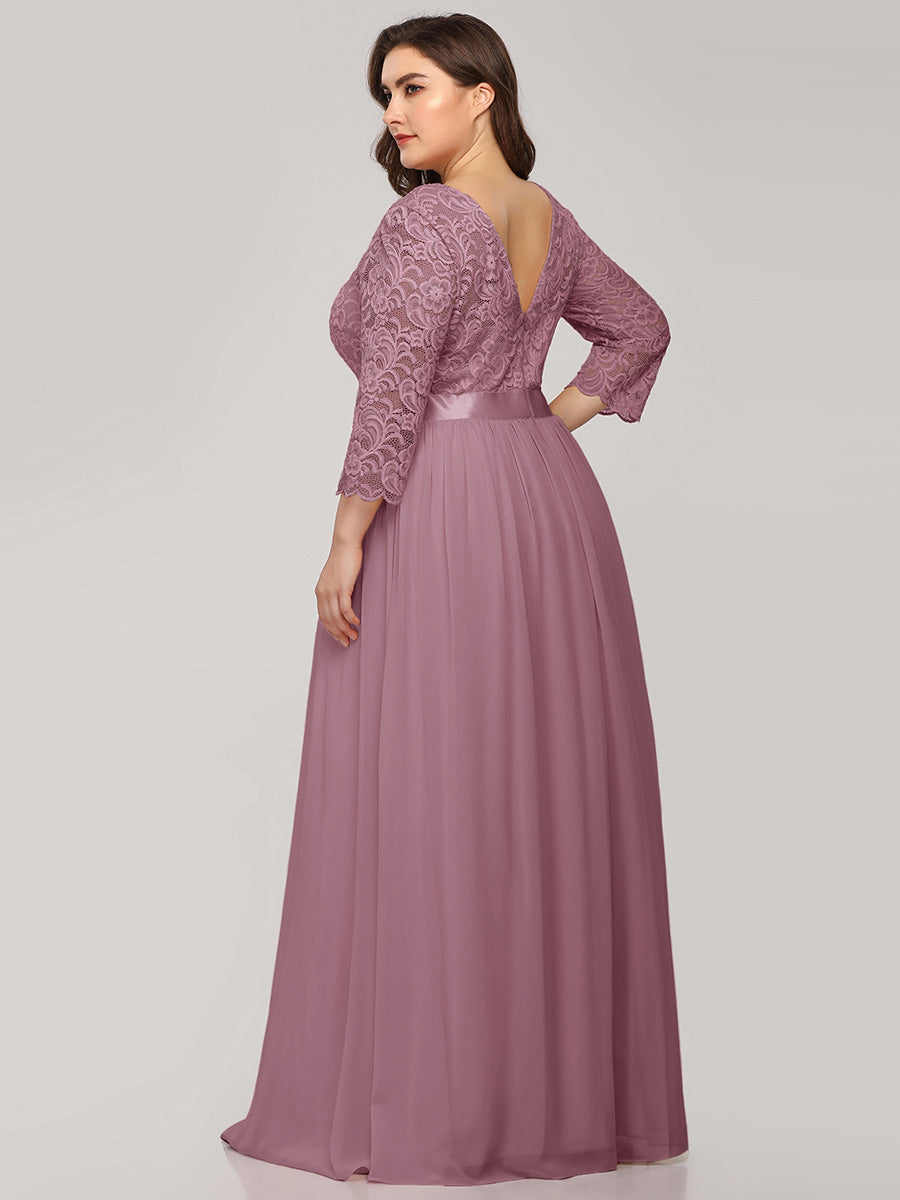 Color=Orchid | Plus Size Lace Wholesale Bridesmaid Dresses With Long Lace Sleeve-Orchid 2