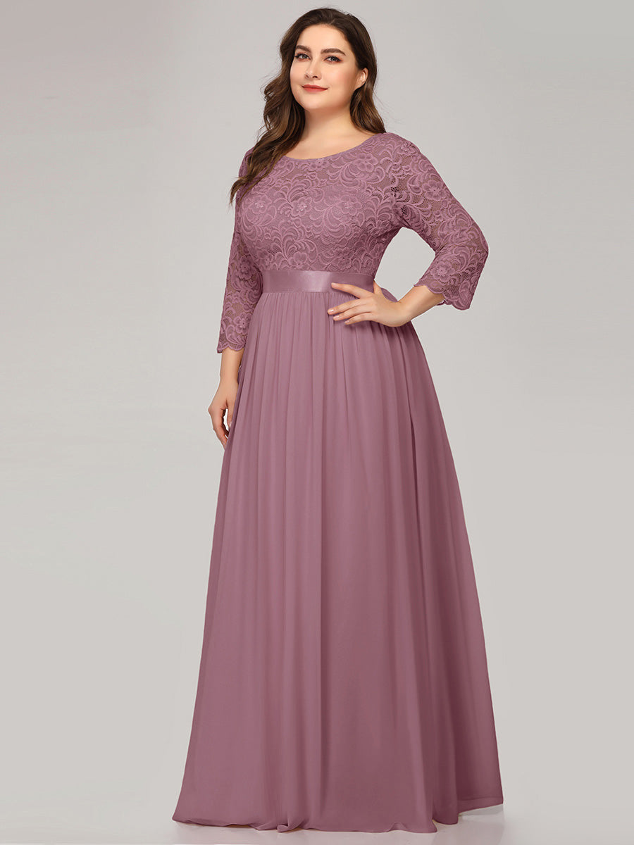 Color=Orchid | Plus Size Lace Wholesale Bridesmaid Dresses With Long Lace Sleeve-Orchid 3