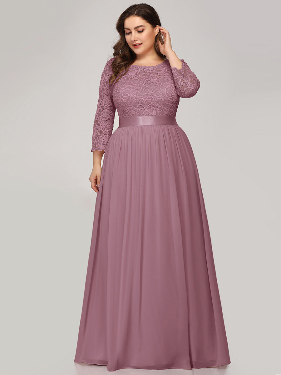 Color=Orchid | Plus Size Lace Wholesale Bridesmaid Dresses With Long Lace Sleeve-Orchid 4