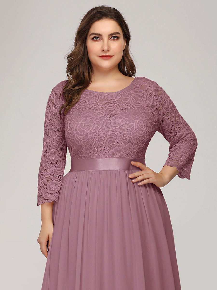 Color=Orchid | Plus Size Lace Wholesale Bridesmaid Dresses With Long Lace Sleeve-Orchid 5