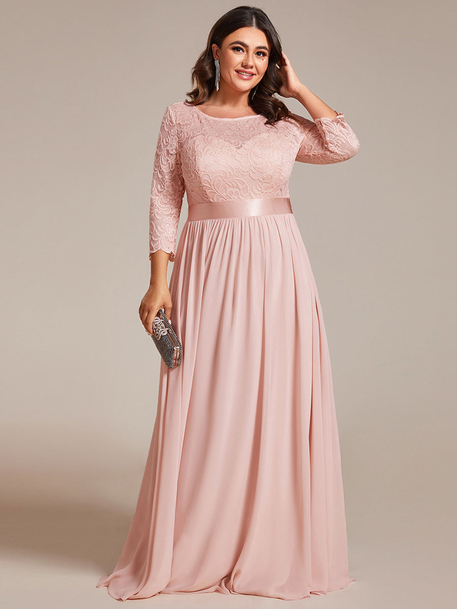 Color=Pink | Plus Size Lace Wholesale Bridesmaid Dresses With Long Lace Sleeve-Pink 4
