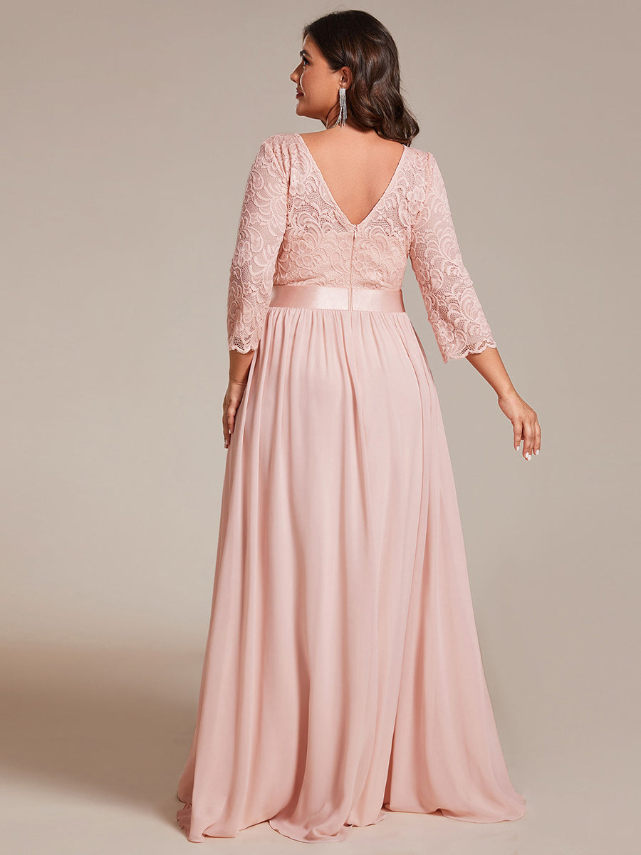 Color=Pink | Plus Size Lace Wholesale Bridesmaid Dresses With Long Lace Sleeve-Pink 5
