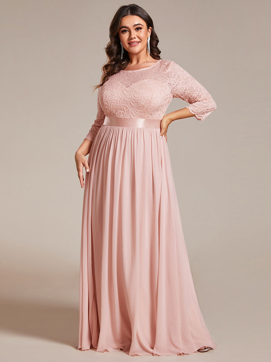 Color=Pink | Plus Size Lace Wholesale Bridesmaid Dresses With Long Lace Sleeve-Pink 3