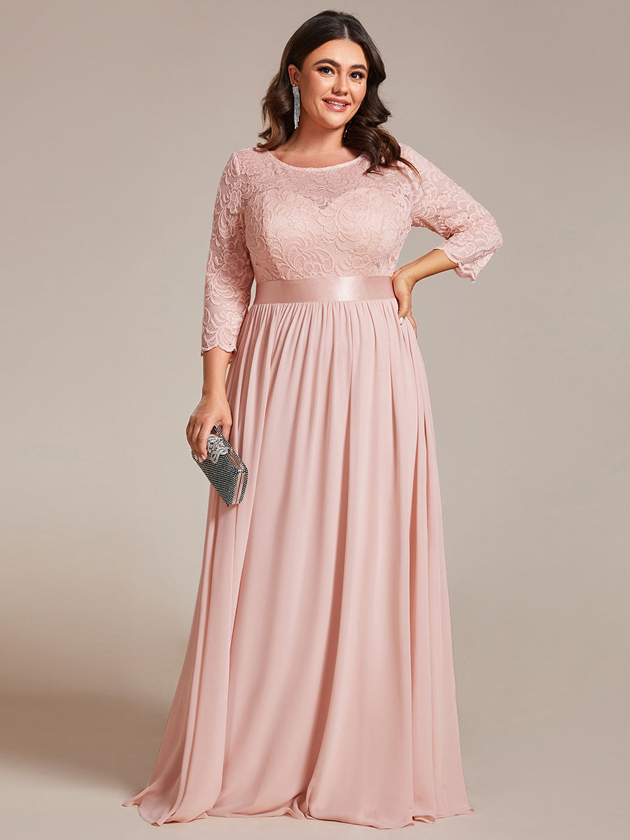 Color=Pink | Plus Size Lace Wholesale Bridesmaid Dresses With Long Lace Sleeve-Pink 1