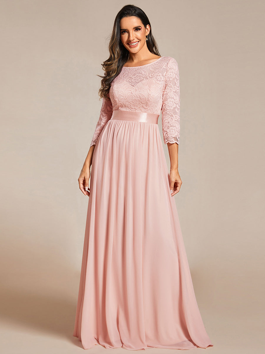COLOR=Pink | See-Through Floor Length Lace Evening Dress With Half Sleeve-Pink 4