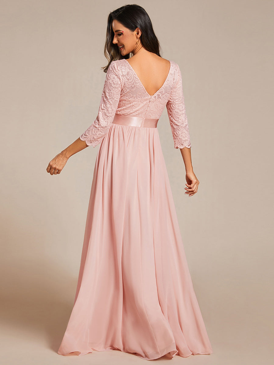 COLOR=Pink | See-Through Floor Length Lace Evening Dress With Half Sleeve-Pink 3