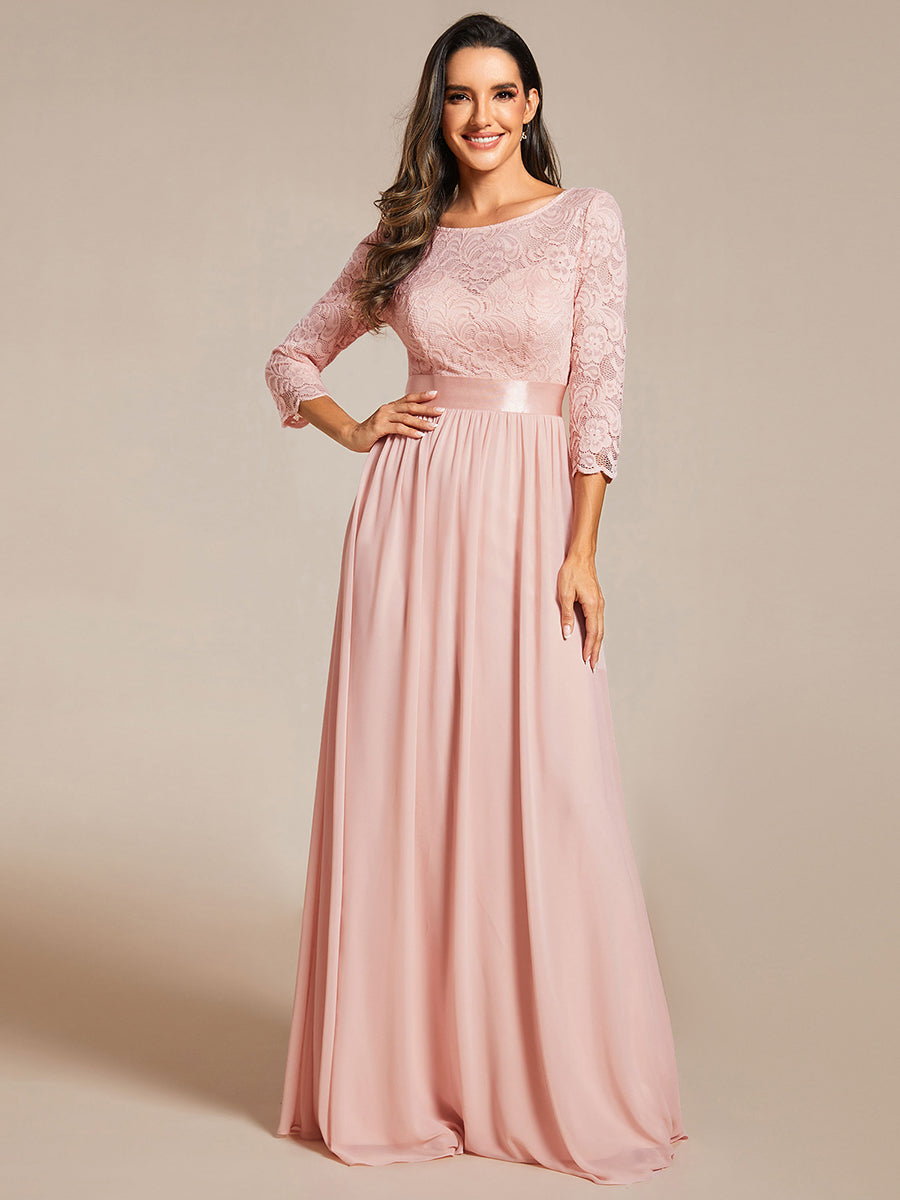 COLOR=Pink | See-Through Floor Length Lace Evening Dress With Half Sleeve-Pink 2