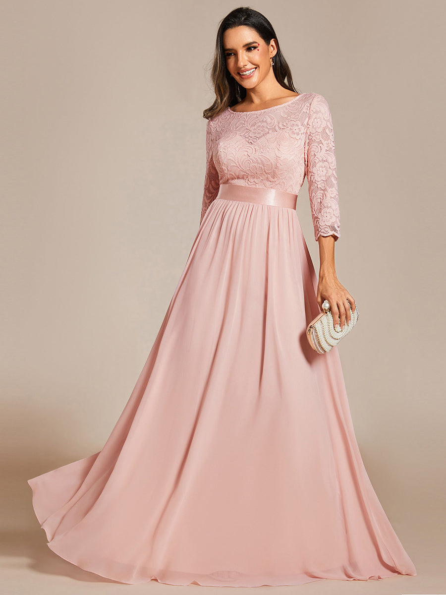 COLOR=Pink | See-Through Floor Length Lace Evening Dress With Half Sleeve-Pink 6