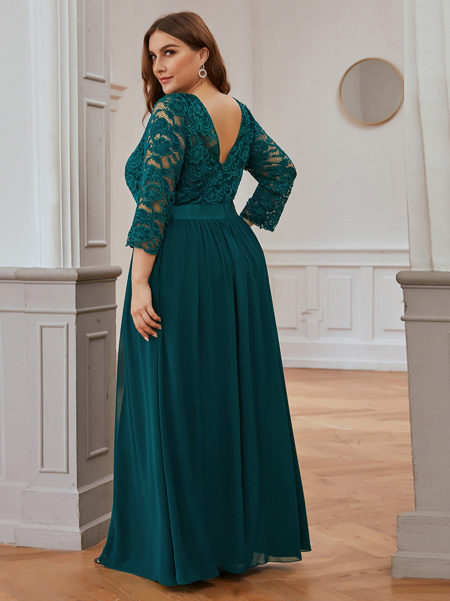Color=Teal | Plus Size See-Through Floor Length Lace Evening Dress With Half Sleeve-Teal 2