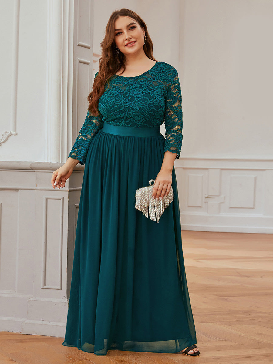 Color=Teal | Plus Size See-Through Floor Length Lace Evening Dress With Half Sleeve-Teal 4