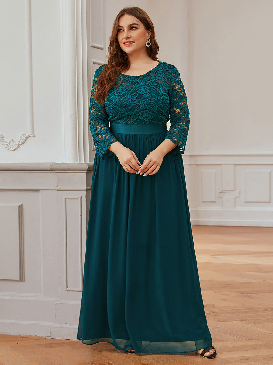 Color=Teal | Plus Size See-Through Floor Length Lace Evening Dress With Half Sleeve-Teal 4