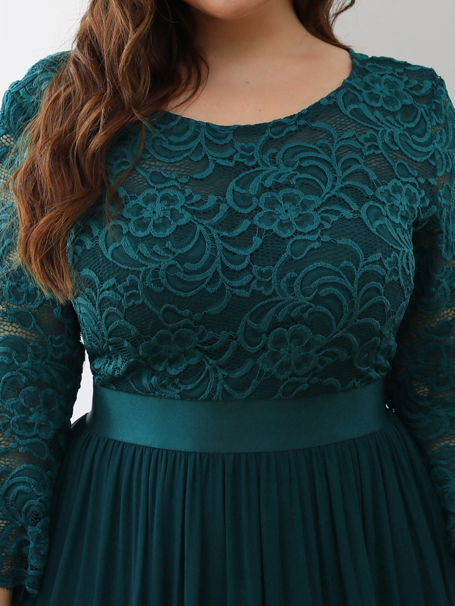 Color=Teal | Plus Size See-Through Floor Length Lace Evening Dress With Half Sleeve-Teal 5