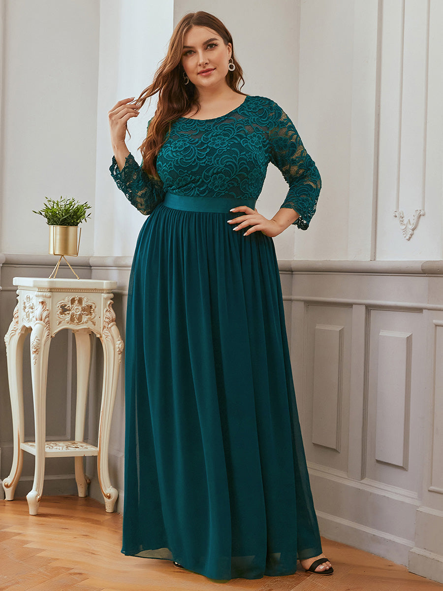 Color=Teal | Plus Size See-Through Floor Length Lace Evening Dress With Half Sleeve-Teal 1
