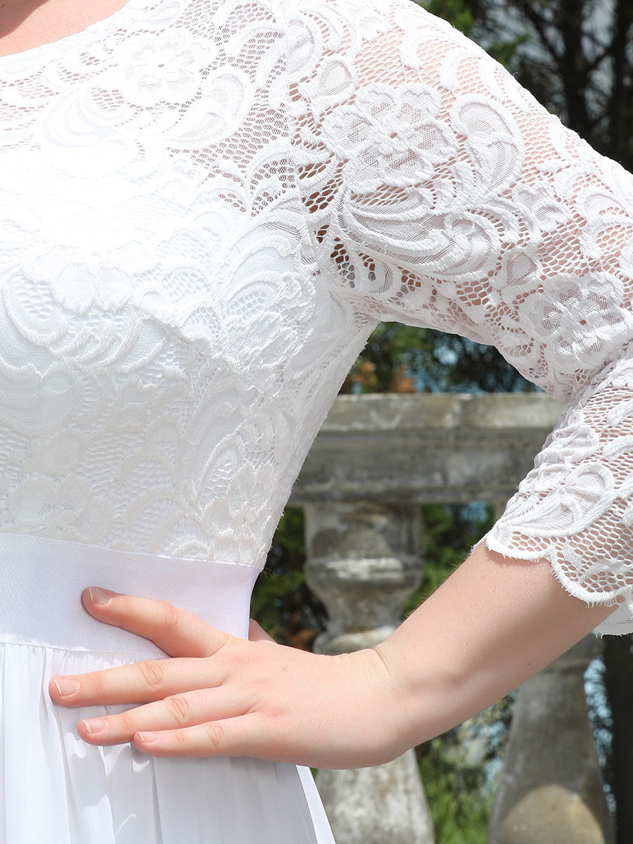 Color=White | Plus Size Lace Wholesale Bridesmaid Dresses With Long Lace Sleeve-White 5