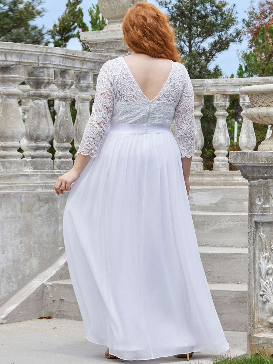 Color=White | Plus Size Lace Wholesale Bridesmaid Dresses With Long Lace Sleeve-White 2