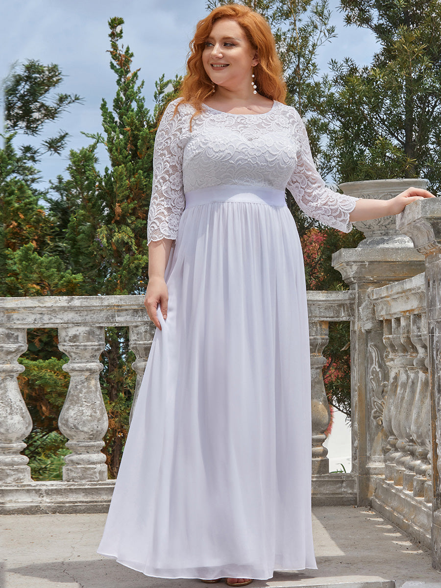 Color=White | Plus Size Lace Wholesale Bridesmaid Dresses With Long Lace Sleeve-White 3