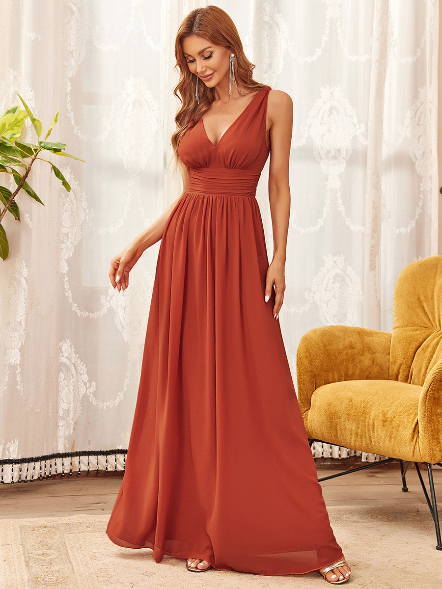 Color=Burnt Orange | Double V-Neck Elegant Maxi Long Wholesale Evening Dresses-Burnt Orange 1