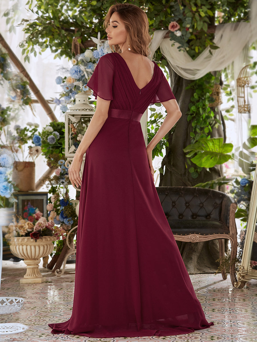 Color=Burgundy | Commercial Wholesale Short Sleeve Ruffle V-Neck Pleated A-Line Floor Length Bridesmaid Dresses-Burgundy 2