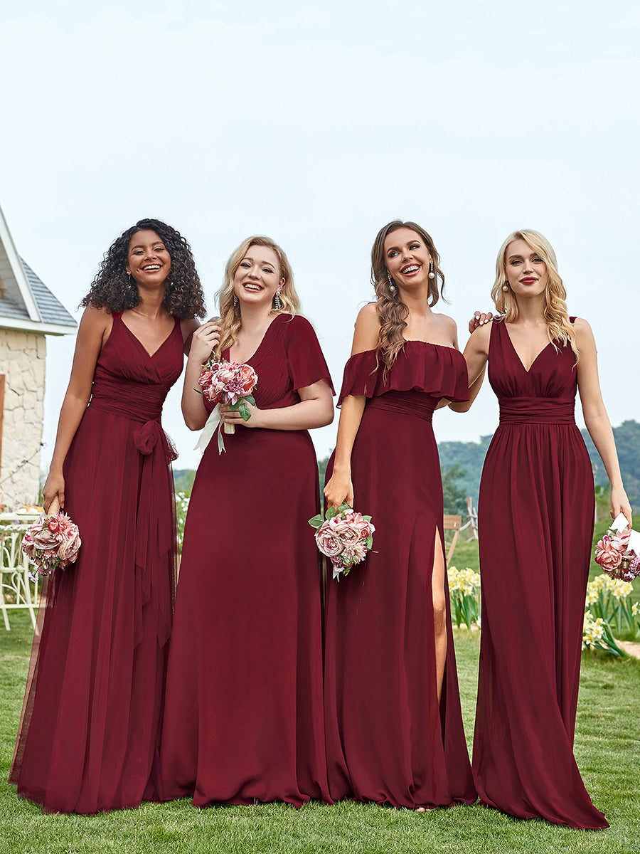Color=Burgundy | Commercial Wholesale Short Sleeve Ruffle V-Neck Pleated A-Line Floor Length Bridesmaid Dresses-Burgundy 3