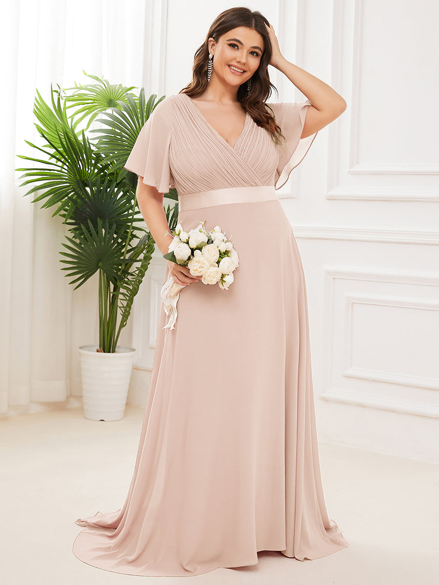 Double V-Neck Ruffles Padded Plus Size Wholesale Evening Dresses #Color_Blush