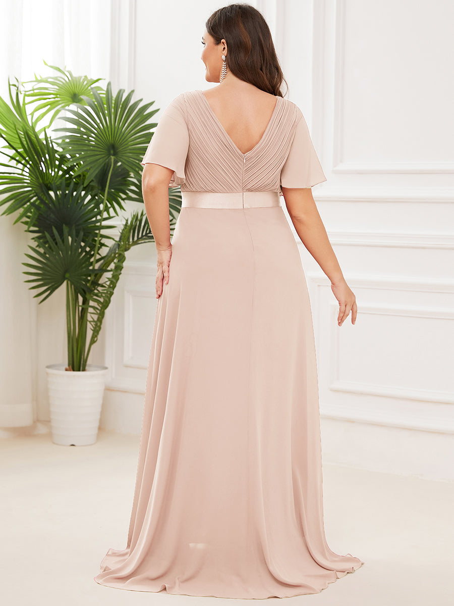 Double V-Neck Ruffles Padded Plus Size Wholesale Evening Dresses #Color_Blush