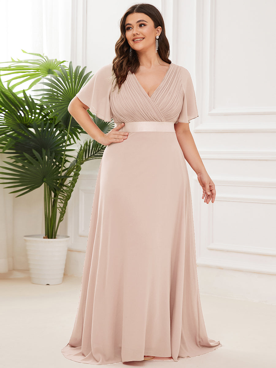 Double V-Neck Ruffles Padded Plus Size Wholesale Evening Dresses #Color_Blush