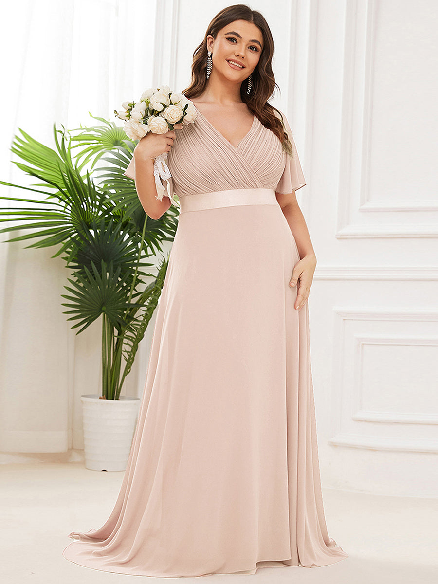 Double V-Neck Ruffles Padded Plus Size Wholesale Evening Dresses #Color_Blush